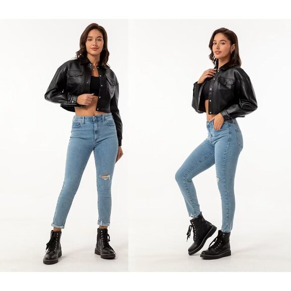 Women Black Cropped Moto Biker Short Comfortable Pu Faux Leather Fashion Jacket - Picture 6 of 7